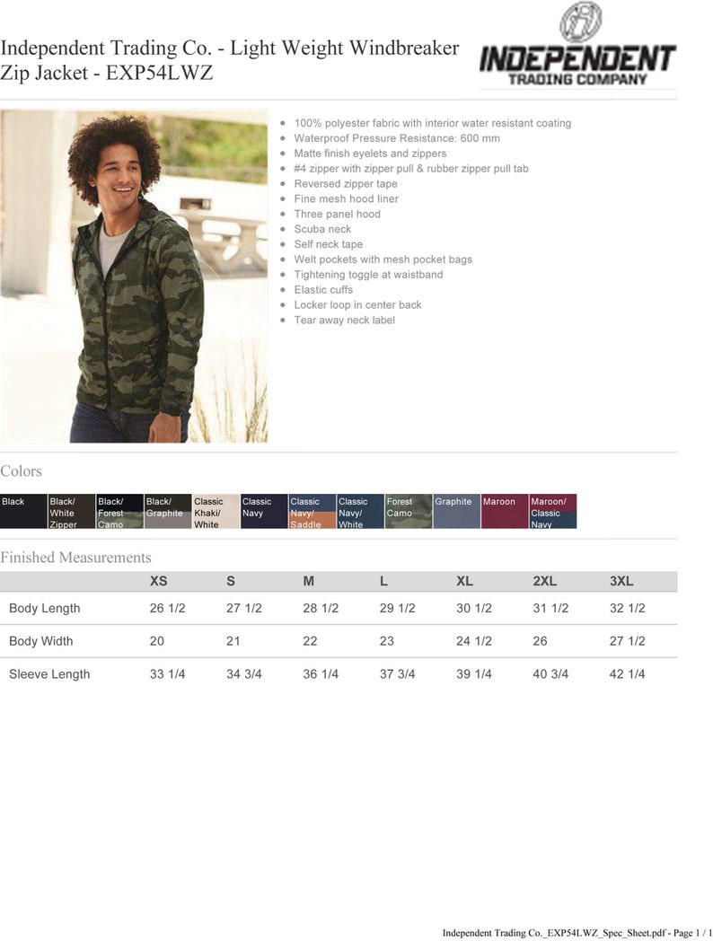 May include: A light weight windbreaker jacket in forest camo with a zipper closure and a zipper pull tab. The jacket has a scuba neck, mesh hood liner, and welt pockets with mesh bags. The size chart shows measurements in inches.