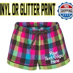 Custom Personalized Womens Flannel Style Boxer Neon Color Scheme PJ Collection Customized Boxers Party Favor Sleepover Gift Team Spiritwear