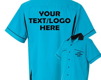 Custom Made Hilton HP2244 Turquoise and Black Bowling Shirt with Glitter or Vinyl Print Personalized Customized for your Team.