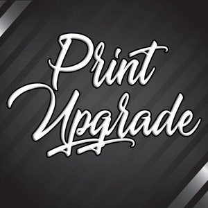 May include: White text on a black background with a silver striped pattern. The text reads "Print Upgrade".