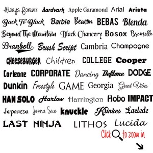 May include: A black and white image of a list of font names. The font names are in a variety of styles and sizes. The text "Click to zoom in" is at the bottom of the image.