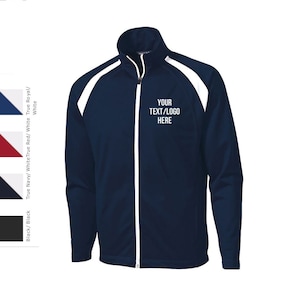 May include: A navy blue athletic jacket with white piping and a white zipper. The jacket has a white embroidered design on the chest that says "YOUR TEXT/LOGO HERE".