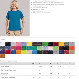 May include: A size chart for a youth 50/50 T-shirt, showing the Gildan brand logo and the text "DryBlend Youth 50/50 T-Shirt - 8000B". The chart shows measurements for body length, body length tolerance, body width, and body width tolerance in inches. The chart includes sizes XS, S, M, L, and XL.