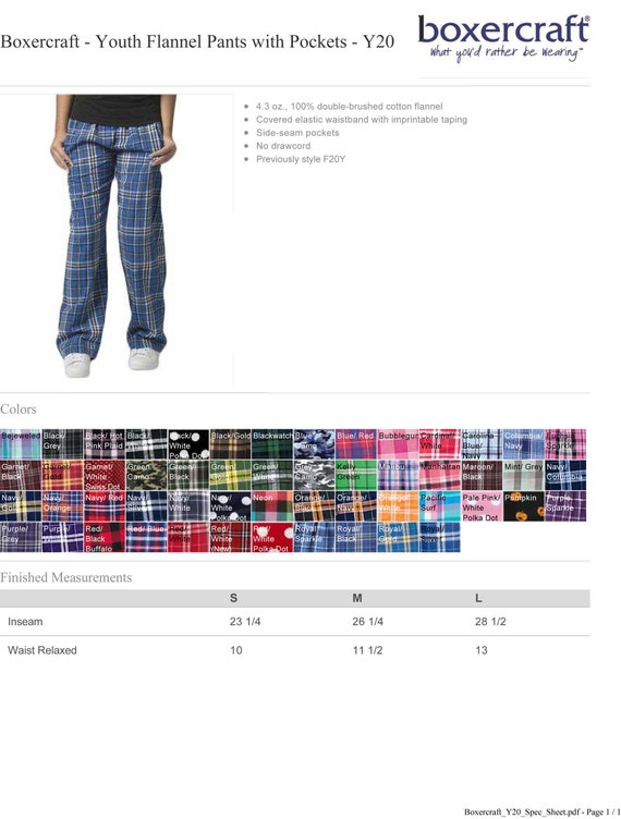 Boxercraft Flannel Pants Size Chart