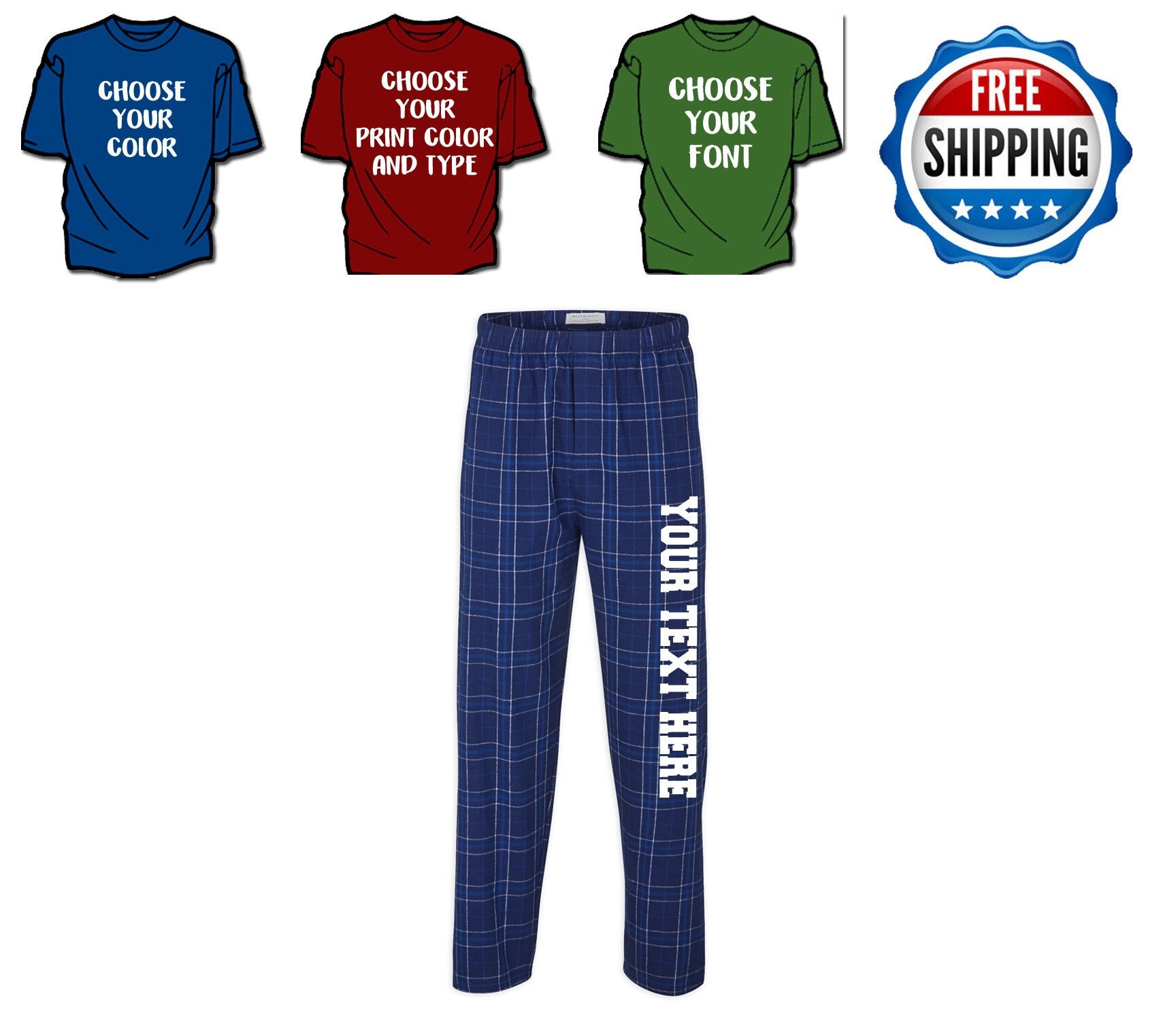 Custom Made Personalized Flannel Style Unisex Pants Royal and - Etsy