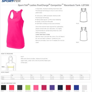 May include: Pink racerback tank top with the text "Sport-Tek&reg; Ladies PosiCharge&reg; Competitor&trade; Racerback Tank. LST356" and a size chart. The tank top is made of 3.8-ounce, 100% polyester interlock with PosiCharge technology.