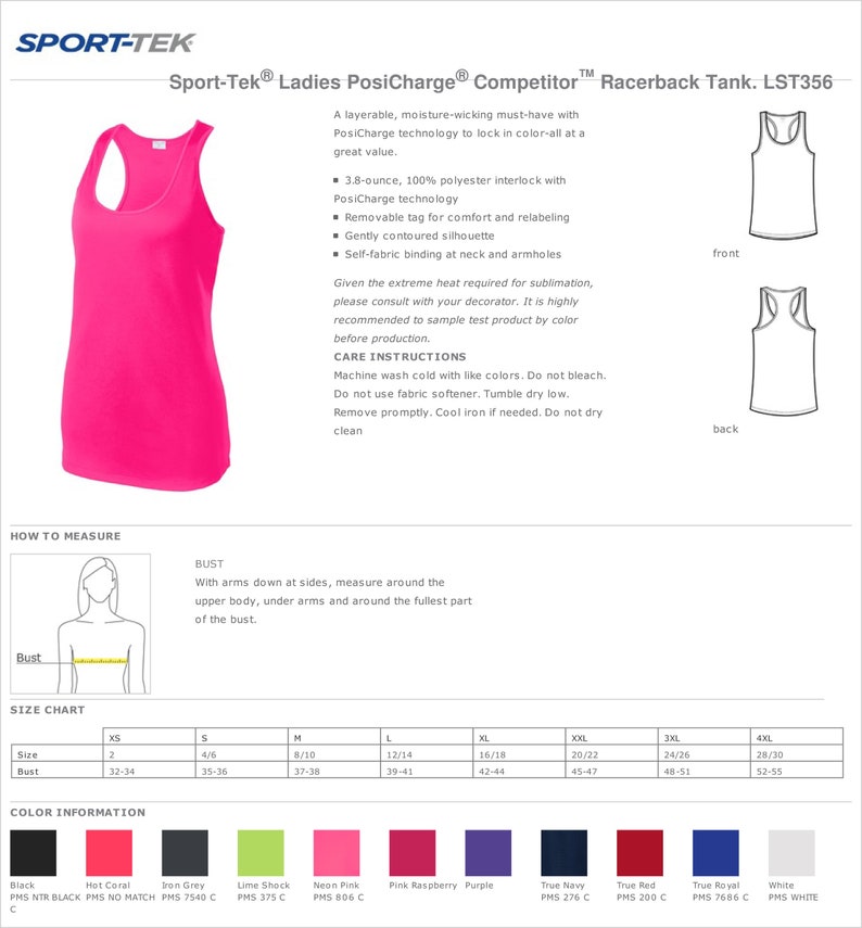May include: Pink racerback tank top with the text "Sport-Tek&reg; Ladies PosiCharge&reg; Competitor&trade; Racerback Tank. LST356" and a size chart. The tank top is made of 3.8-ounce, 100% polyester interlock with PosiCharge technology.