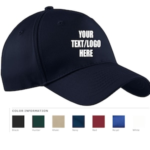 May include: A navy blue baseball cap with white embroidery that reads "YOUR TEXT/LOGO HERE".