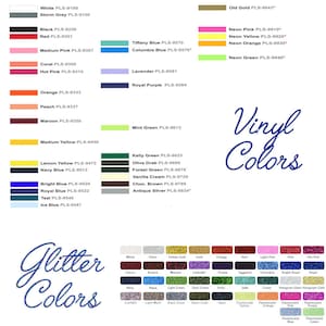 May include: A chart of vinyl and glitter colors with corresponding color names and product codes. The chart includes colors like white, black, red, blue, green, yellow, orange, pink, purple, and brown. The chart also includes neon colors like neon pink, neon yellow, neon orange, and neon green.