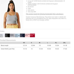 May include: A grey micro rib spaghetti strap tank top by Bella + Canvas, model 1012. The fitted garment features a scoop neckline and thin straps. The product specification sheet includes fabric composition, color options, and a size chart.