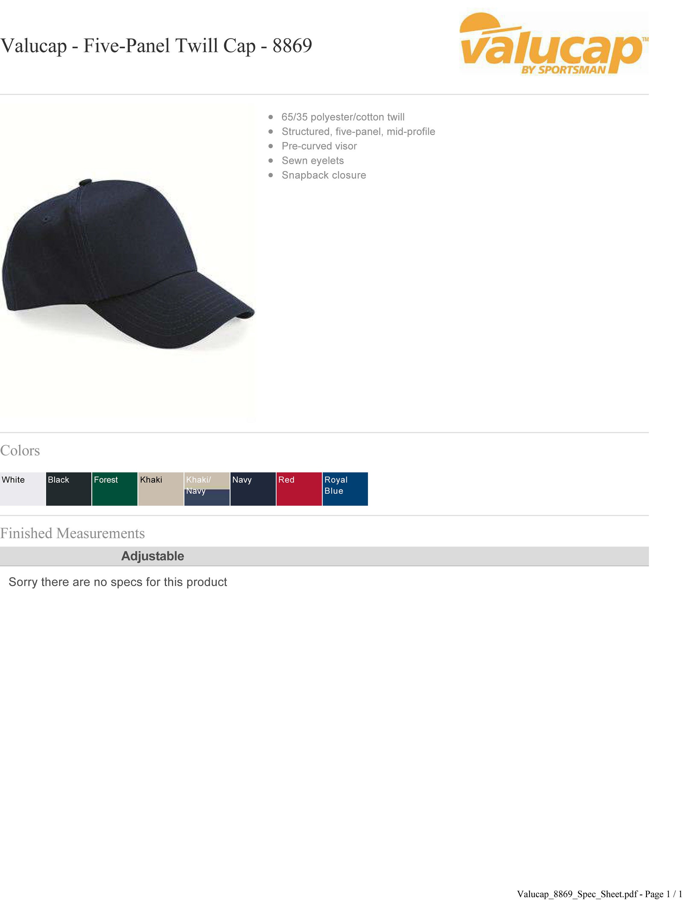 Custom Made Valucap - Five-panel Twill Cap - 8869 All Colors