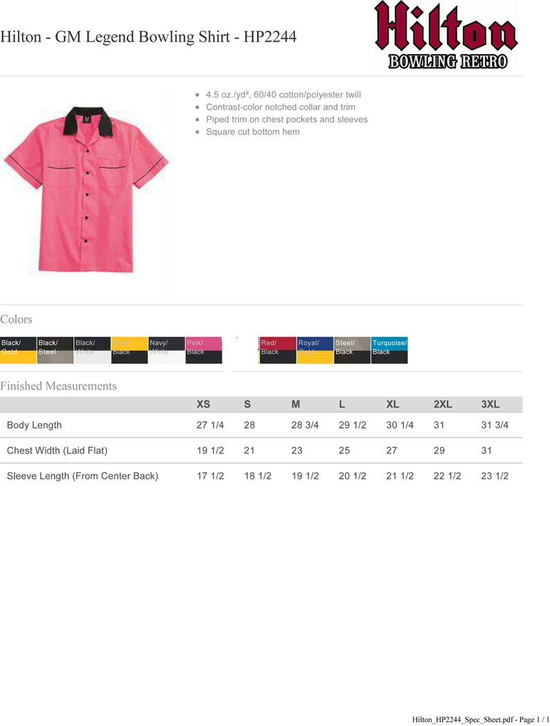 Puede incluir: Una camisa de bolos rosa de manga corta con cuello negro con muesca, ribetes negros en las mangas y bolsillos en el pecho, y un dobladillo cuadrado. La camisa tiene cierre de botones y se identifica como Hilton GM Legend HP2244.