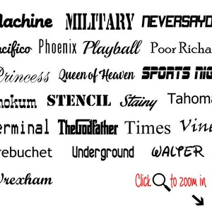 May include: A collection of different font names in black text on a white background. The font names include Machine, Military, Neversaydie, Pacifico, Phoenix, Playball, Poor Richard, Princess, Queen of Heaven, Sports Night, Smokum, Stencil, Stainy, Tahoma, Terminal, The Godfather, Times, Viner, Trebuchet, Underground, Walter, and Wrexham.