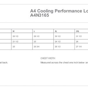 May include: White product measurement chart for an A4 Cooling Performance Long Sleeve Tee. The chart includes measurements for body length at back, chest width, and set-in sleeve length, with sizes ranging from XS to 4XL.