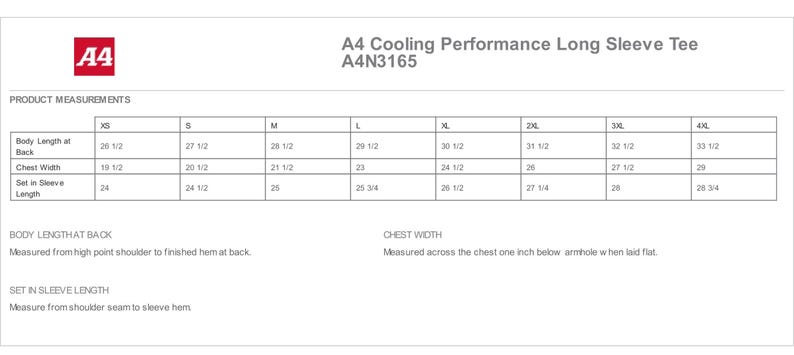 May include: White product measurement chart for an A4 Cooling Performance Long Sleeve Tee. The chart includes measurements for body length at back, chest width, and set-in sleeve length, with sizes ranging from XS to 4XL.