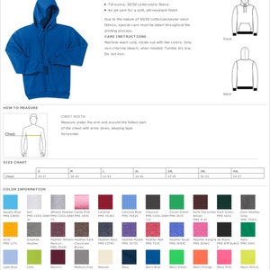 May include: A royal blue Core Fleece Pullover Hooded Sweatshirt. The image shows the front and back views of the sweatshirt, along with a size chart and color options. The sweatshirt has a hood and a front pocket. The color options include Aquatic Blue, Ash, and Charcoal.