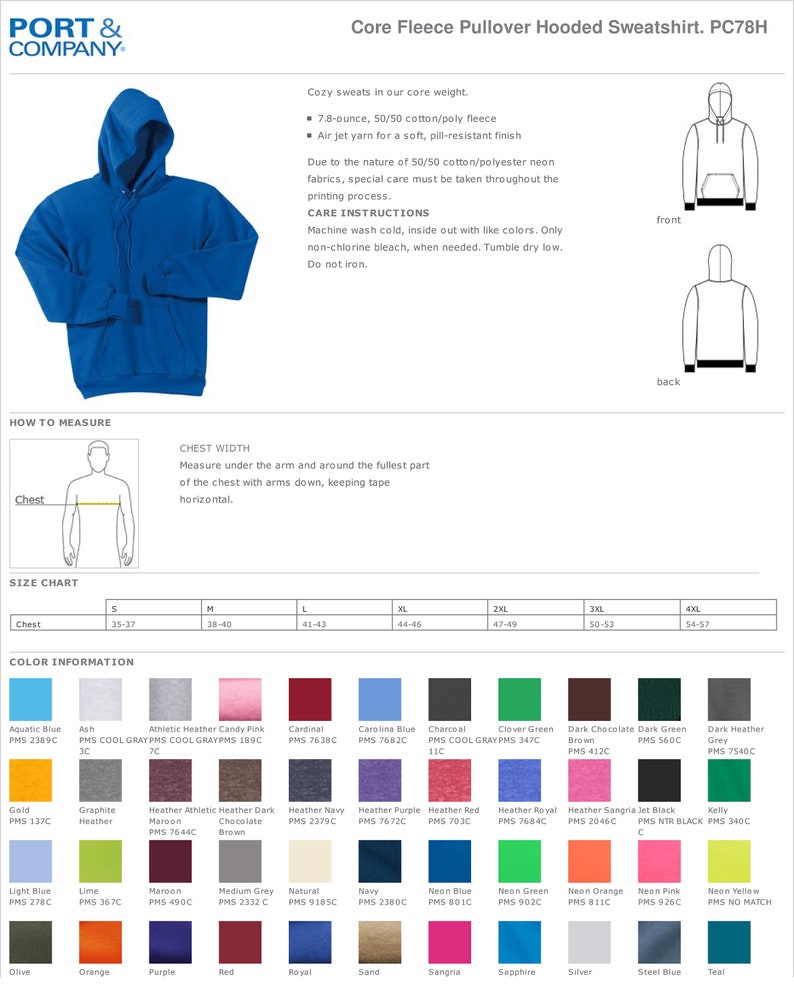 May include: A royal blue Core Fleece Pullover Hooded Sweatshirt. The image shows the front and back views of the sweatshirt, along with a size chart and color options. The sweatshirt has a hood and a front pocket. The color options include Aquatic Blue, Ash, and Charcoal.