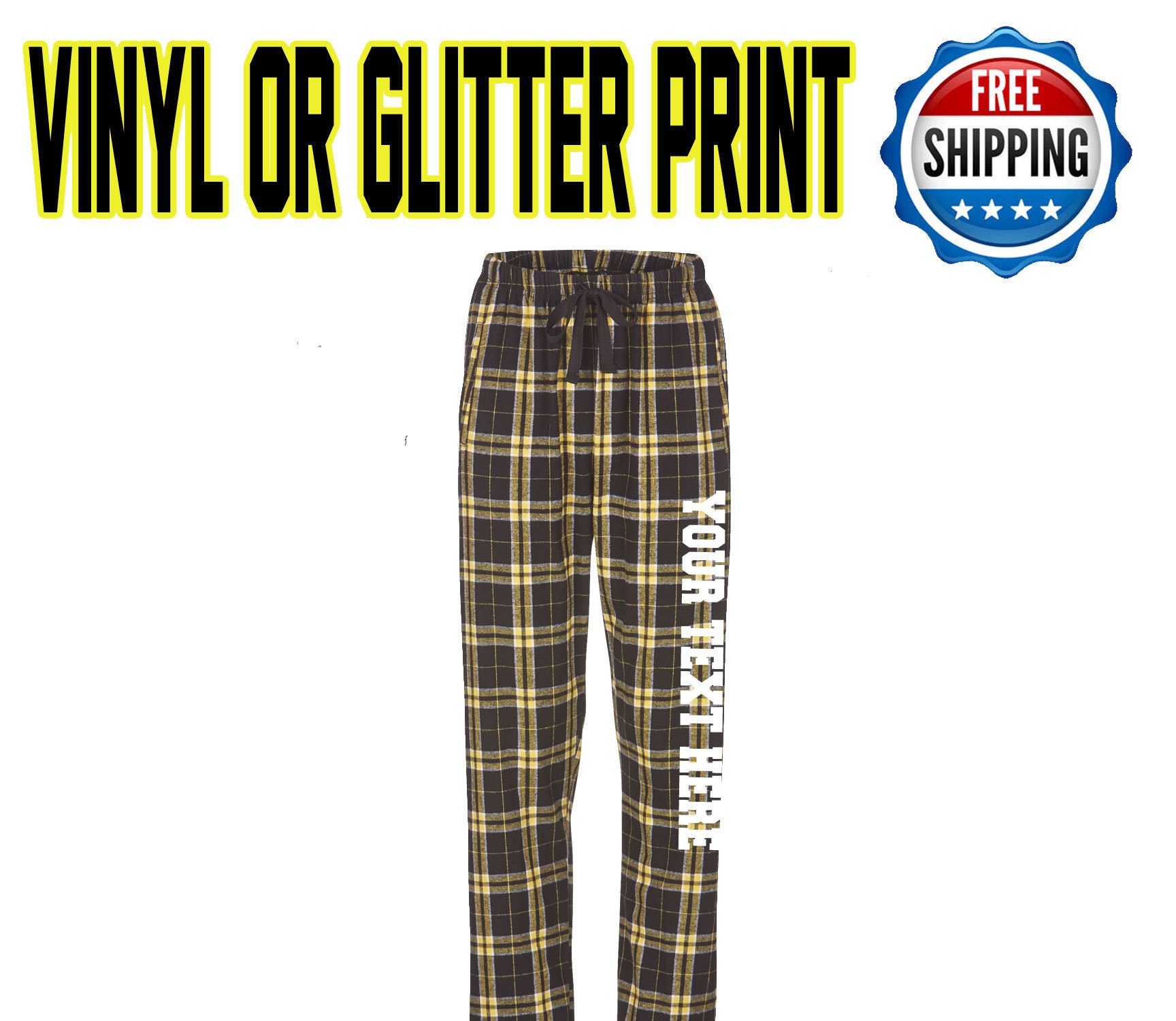 Custom Made Personalized Flannel Style Womens Pants Black and Gold