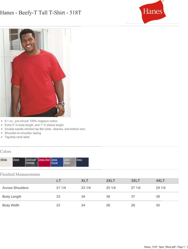 Custom Hanes Beefy-T Tall T-Shirt 518T 