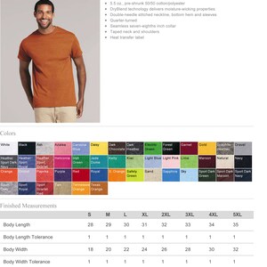 May include: A chart showing the color options and size measurements for a Gildan DryBlend 50/50 T-Shirt. The shirt is shown in orange on a model. The chart includes colors like white, black, ash, azalea, Carolina blue, daisy, dark chocolate, dark heather, electric green, forest green, garnet, gold, graphite heather, gravel, heather, heliconia, Irish green, jade dome, kelly, kiwi, light blue, light pink, lime, maroon, natural, navy, orange, orchid, paprika, purple, red, royal, S. orange, safety green, sand, sapphire, sky, sport dark green, sport dark maroon, sport dark navy, sport grey, sport royal, sport scarlet, tan, Tennessee orange, Texas orange.