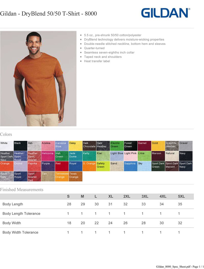 May include: A chart showing the color options and size measurements for a Gildan DryBlend 50/50 T-Shirt. The shirt is shown in orange on a model. The chart includes colors like white, black, ash, azalea, Carolina blue, daisy, dark chocolate, dark heather, electric green, forest green, garnet, gold, graphite heather, gravel, heather, heliconia, Irish green, jade dome, kelly, kiwi, light blue, light pink, lime, maroon, natural, navy, orange, orchid, paprika, purple, red, royal, S. orange, safety green, sand, sapphire, sky, sport dark green, sport dark maroon, sport dark navy, sport grey, sport royal, sport scarlet, tan, Tennessee orange, Texas orange.