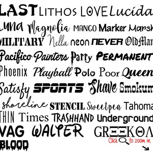 K&ouml;nnte beinhalten: Ein Schwarzwei&szlig;bild einer Liste von Schriftarten. Die Schriftarten sind in verschiedenen Stilen und Gr&ouml;&szlig;en. Die Schriftarten umfassen: Last, Lithos, Love, Lucida, Luna, Magnolia, Mango, Marker, Marsh, Military, Nella, Neon, Never, OldMan, Pacifico, Painters, Party, Permanent, Phoenix, Playball, Polo, Poor, Queen, Satisfy, Sports, Shave, Smokum, Shoreline, Stencil, Sweetpea, Tahoma, Thin, Times, Trashhand, Underground, Vag, Walter, Greekoa, Blood.
