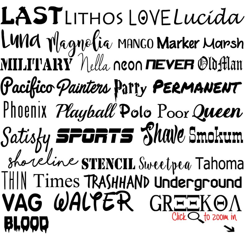 K&ouml;nnte beinhalten: Ein Schwarzwei&szlig;bild einer Liste von Schriftarten. Die Schriftarten sind in verschiedenen Stilen und Gr&ouml;&szlig;en. Die Schriftarten umfassen: Last, Lithos, Love, Lucida, Luna, Magnolia, Mango, Marker, Marsh, Military, Nella, Neon, Never, OldMan, Pacifico, Painters, Party, Permanent, Phoenix, Playball, Polo, Poor, Queen, Satisfy, Sports, Shave, Smokum, Shoreline, Stencil, Sweetpea, Tahoma, Thin, Times, Trashhand, Underground, Vag, Walter, Greekoa, Blood.