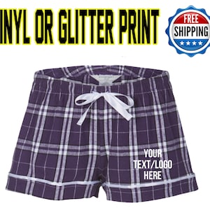 Party Favor Sleepover Gift Team Spiritwear Custom Made Personalized Womens Flannel Style Boxer Purple White  PJ Collection Customized Boxers
