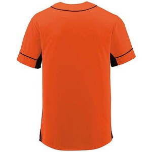 May include: Orange baseball jersey with black trim around the collar, sleeves, and bottom. The jersey has a button-up collar and a traditional baseball jersey design.