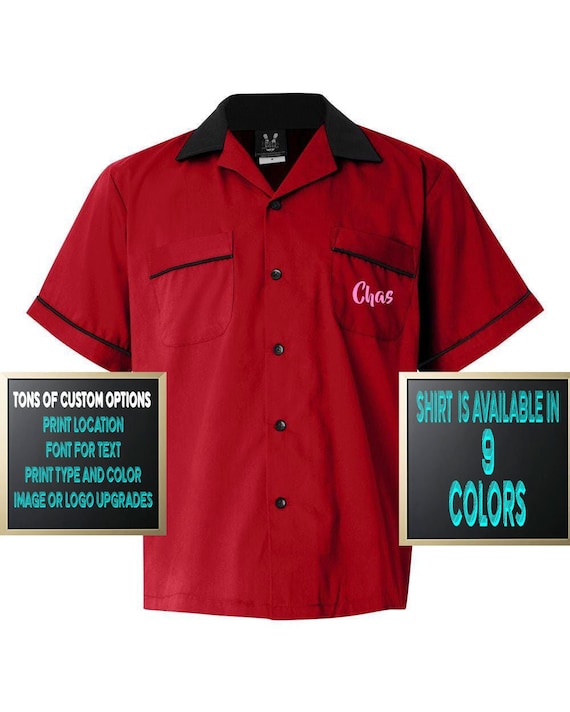 Custom Hilton Bowling Shirt: Red & Black, Glitter/Vinyl Print