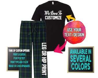 Custom Pajama Set: Navy, Forest Green Plaid Pants & Personalized T-Shirt