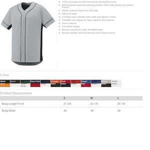 May include: A gray youth baseball jersey with black trim and side panels. The jersey has a button-up front, set-in sleeves, and a fishtail bottom. The jersey is made of 100% polyester propelit micromesh wicking knit with 92/8 polyester/spandex wicking pinhole mesh side panels and sleeve inserts. The jersey is available in sizes S, M, and L. The measurements for each size are listed in inches.