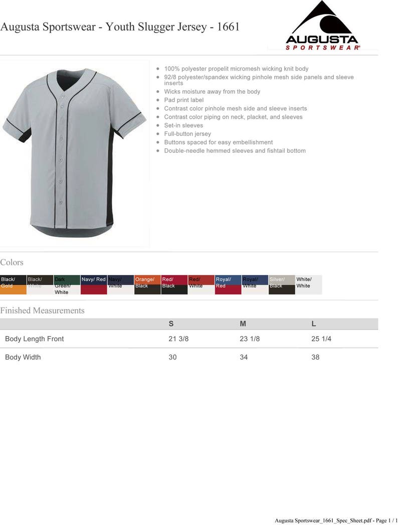 May include: A gray youth baseball jersey with black trim and side panels. The jersey has a button-up front, set-in sleeves, and a fishtail bottom. The jersey is made of 100% polyester propelit micromesh wicking knit with 92/8 polyester/spandex wicking pinhole mesh side panels and sleeve inserts. The jersey is available in sizes S, M, and L. The measurements for each size are listed in inches.