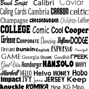 May include: A black and white image featuring a collection of various fonts and typography styles. The text includes words like "Advertising", "College", "Sports", and "Love", showcasing a diverse range of design options.