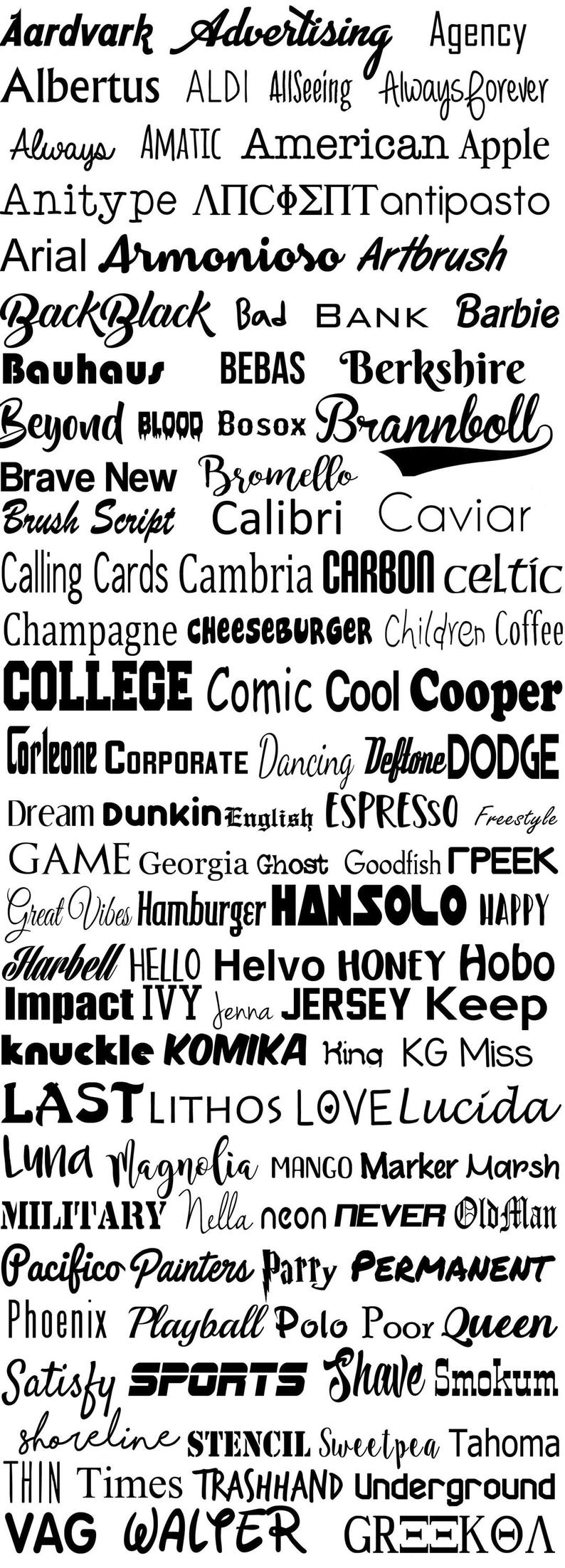 May include: A black and white image featuring a collection of various fonts and typography styles. The text includes words like "Advertising", "College", "Sports", and "Love", showcasing a diverse range of design options.