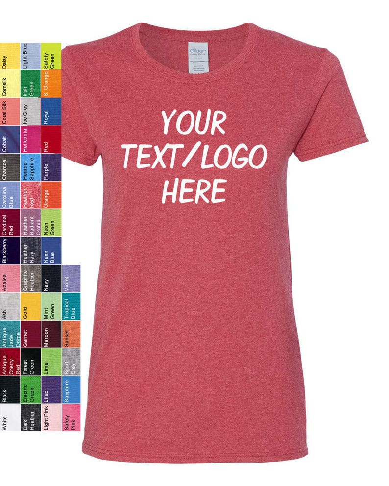 May include: A heather red short-sleeve t-shirt with the white text YOUR TEXT/LOGO HERE printed on the chest. To the left, a vertical color chart displays various fabric color options with their corresponding names in small black text.