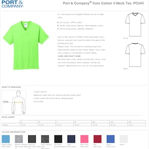 K&ouml;nnte beinhalten: Eine Gr&ouml;&szlig;entabelle f&uuml;r ein V-Ausschnitt-T-Shirt in verschiedenen Farben, darunter Aquablau, Sport-Heather-Anthrazit, Dunkel-Heather-Grau, Schwarz, Marine, Neon-Pink, Rot, Royalblau und Wei&szlig;. Die Tabelle zeigt die Brustma&szlig;e f&uuml;r die Gr&ouml;&szlig;en S bis 4XL. Das T-Shirt besteht aus 5,4 Unzen, 100 % Baumwolle, 50/50 Baumwolle/Polyester oder 90/10 Baumwolle/Polyester.