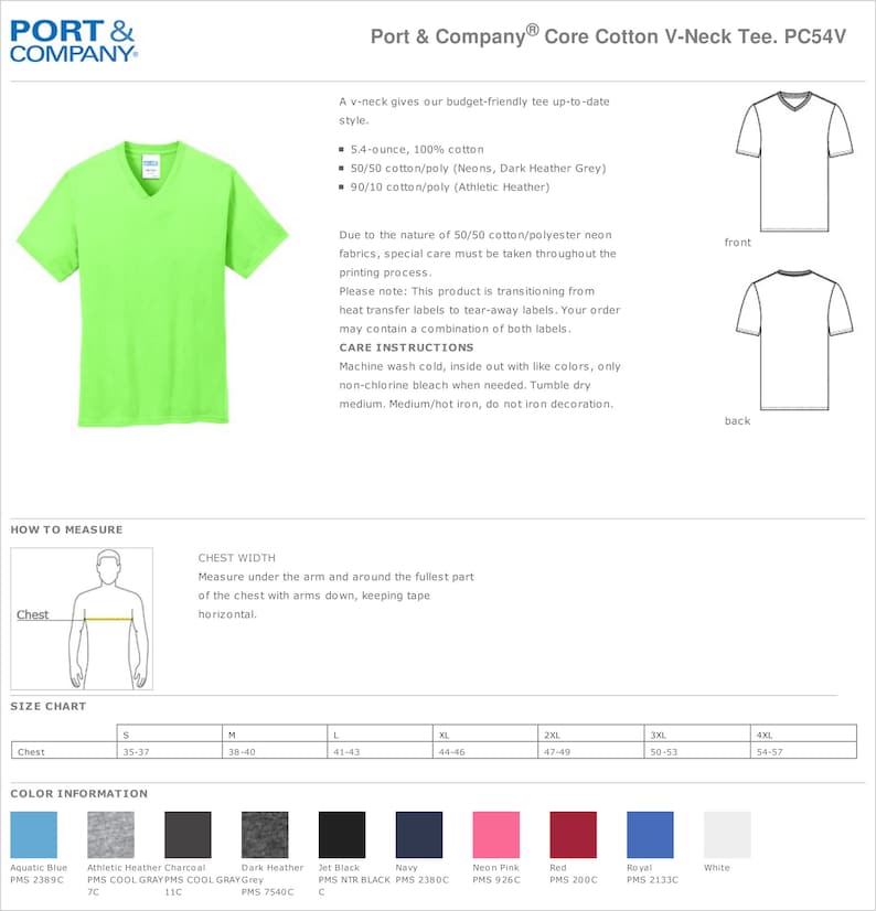 K&ouml;nnte beinhalten: Eine Gr&ouml;&szlig;entabelle f&uuml;r ein V-Ausschnitt-T-Shirt in verschiedenen Farben, darunter Aquablau, Sport-Heather-Anthrazit, Dunkel-Heather-Grau, Schwarz, Marine, Neon-Pink, Rot, Royalblau und Wei&szlig;. Die Tabelle zeigt die Brustma&szlig;e f&uuml;r die Gr&ouml;&szlig;en S bis 4XL. Das T-Shirt besteht aus 5,4 Unzen, 100 % Baumwolle, 50/50 Baumwolle/Polyester oder 90/10 Baumwolle/Polyester.