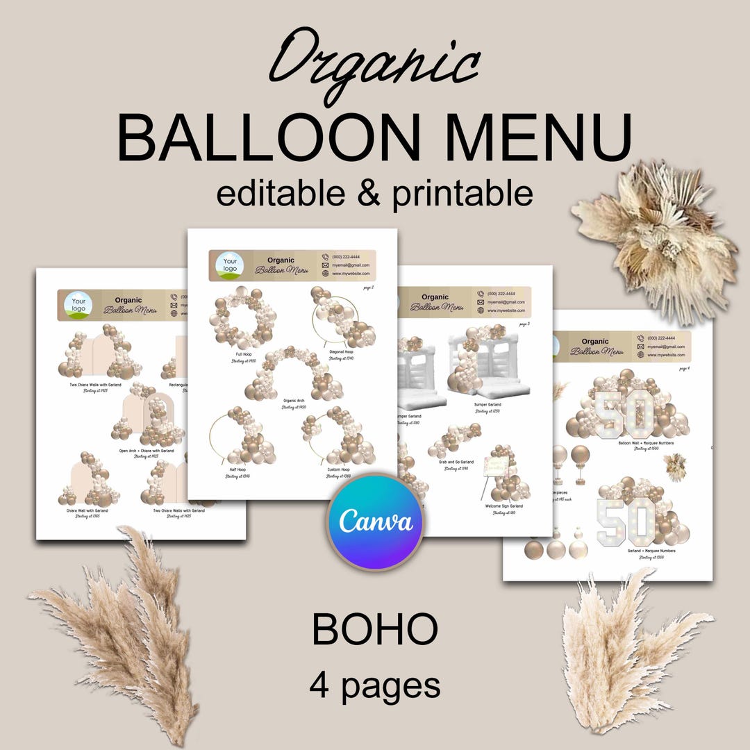 BALLOON MENU and MOCKUP Template Organic Balloon Decor in Boho Colors ...
