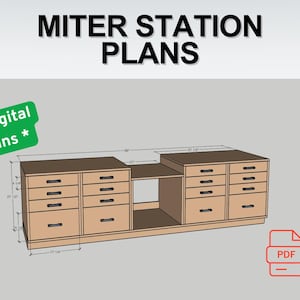 Könnte beinhalten: Digitale Pläne für eine Gehrungsstation. Das Design zeigt eine Werkbank mit mehreren Schubladen und einem offenen Mittelregal. Die Abmessungen sind in cm angegeben, mit einem PDF-Symbol in der Ecke.