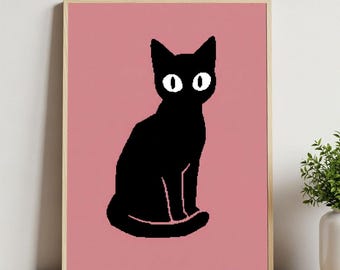 Impression de silhouette de chat noir, oeuvre d'art rose pour chambre d'enfant (téléchargement numérique)