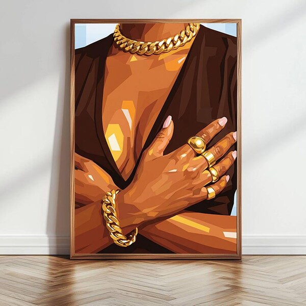 Black Woman Portrait Art: Gold Jewelry, Melanin Decor, Modern Digital Print