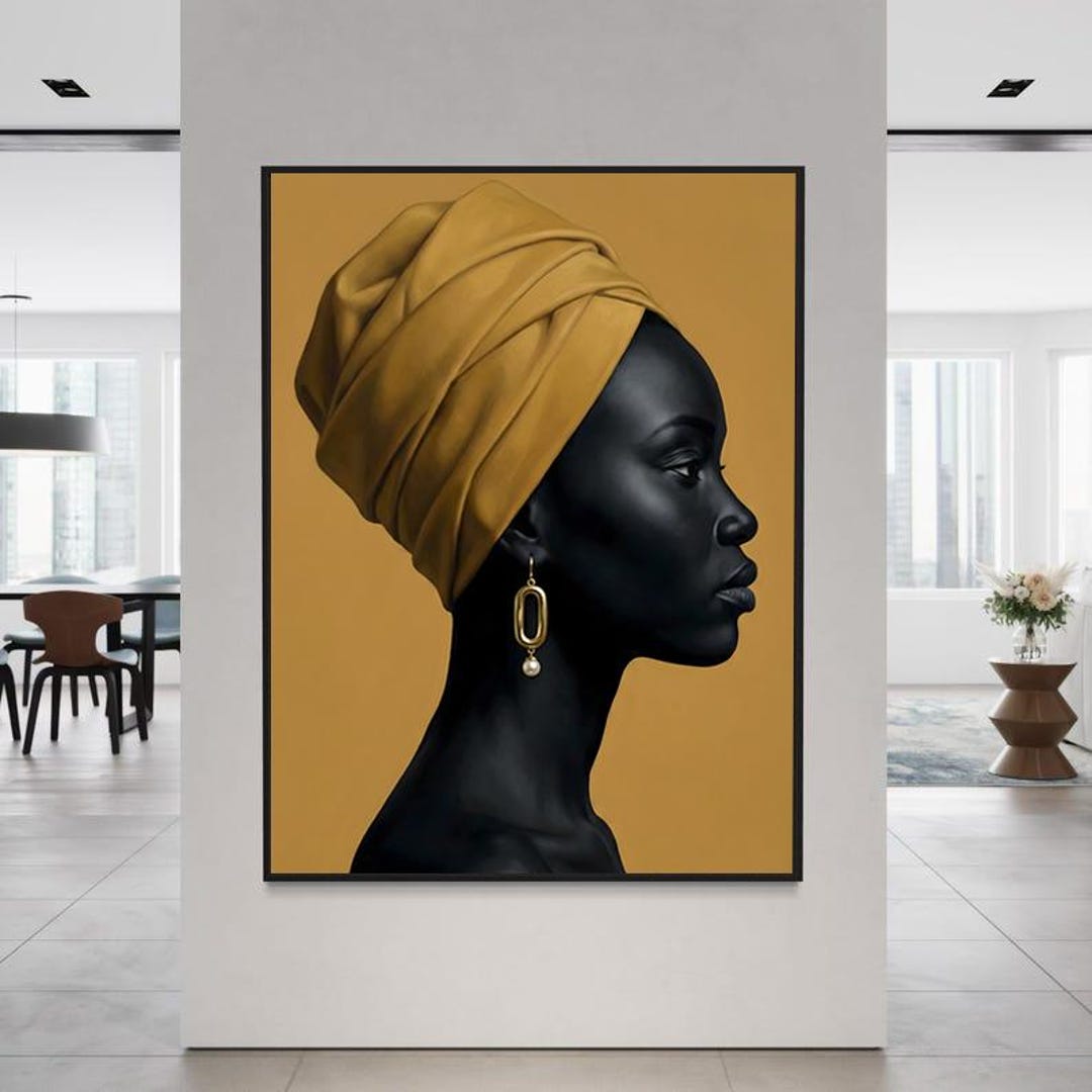 Black Woman Gold Headwrap Portrait Art, Modern African Decor (digital ...