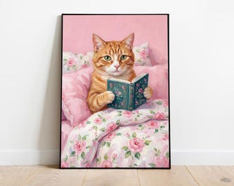 Orange Tabby Cat Reading in Roses Impressionist Print (Digital Download)