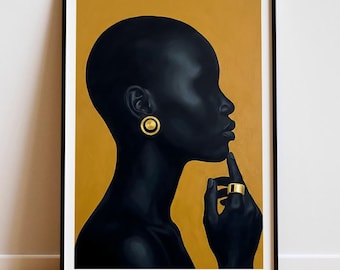Black Woman Art Print, Gold Accents, Minimalist Portrait (Digital Download)