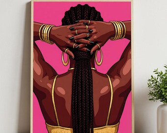 May include: Illustration of a person with dark skin, wearing gold jewelry, and a gold top, with their hands behind their head. The person has long, dark braids and is set against a pink background. Gold bracelets and hoop earrings are visible.