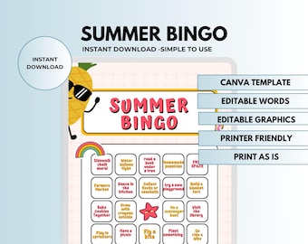 Summer kids bingo card template for summer activities with kids summer bucket list summer to do list kids activities bingo summer planner