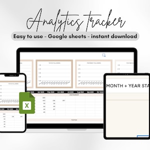 Könnte beinhalten: Eine digitale Tabellenvorlage zum Verfolgen von Social-Media-Analysen. Die Vorlage enthält Abschnitte für Instagram-, TikTok- und YouTube-Follower sowie einen Abschnitt für Monats- und Jahresstatistiken. Die Vorlage ist mit "Analytics Tracker" beschriftet und wird als "Einfach zu bedienen - Google Sheets - Sofortiger Download" beschrieben.
