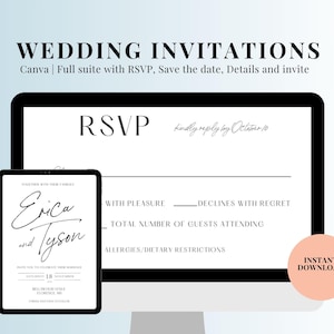 May include: Digital wedding invitation suite displayed on a tablet and computer screen. The invitation features the names "Erica and Tyson" in elegant script, with RSVP details and a "Save the Date" option. The design is minimalist with a light blue background.