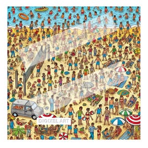 May include: A busy beach scene with people of all ages enjoying the sun and sand. There are umbrellas, beach chairs, a volleyball net, and a van parked on the sand. The beach is crowded with people swimming, sunbathing, playing volleyball, and walking along the shore.